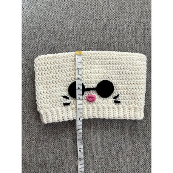 Cream Cat Beanie with black glasses, pink mouth and whisker details - Picture 4 of 9
